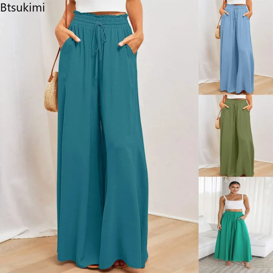 2024Women's Casual Wide Leg Pants Solid Spring Summer Elegant Ladies Trousers Female High Waist Long Skirt Pants for Women Pants