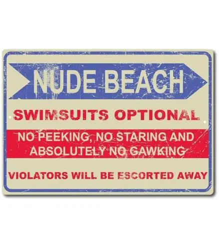 Nude Beach Swimsuits Optional Retro Vintage Funny Gift Metal Tin Sign X