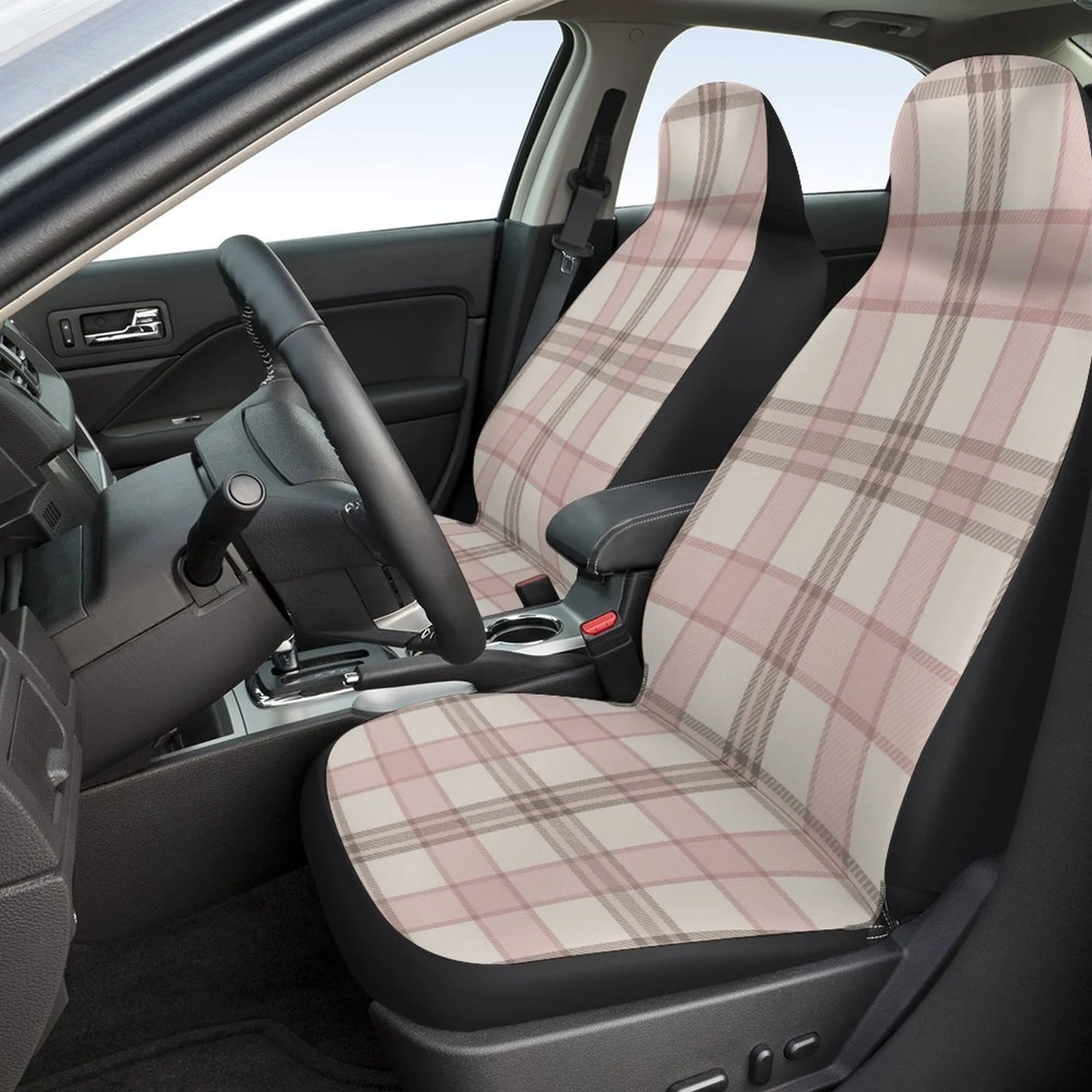 Pink Checkered Pattern Designed Car Seat Covers Set For Most Cars, Fashion Decorative Car Seat Protector Covers Full Set, Univer