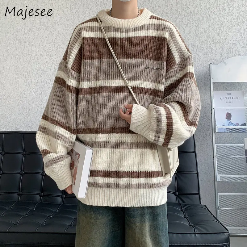 

Sweater Men Winter Striped O-neck Pullovers Thick Warm All-match Knitwear Fashion Korean Style Clothing College Vintage Leisure