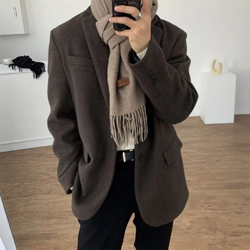 Men's Autumn Winter Thick Wool Blend Blazer Korean Style High-End Business Suit Jacket New Arrival