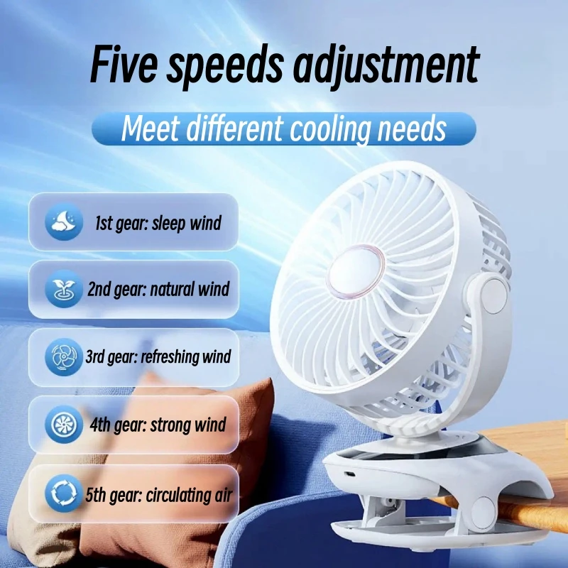 Portable Clip-on Small Fan with Night Light 6000mAh Rechargeable Desktop Cooling Fan for Home Office Stroller Clamp Fan 5 Speeds