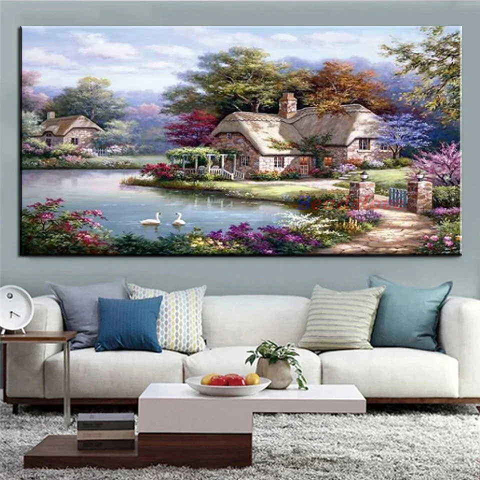 5D Mediterranean House Garden Flowers Trees Lake Diamond Painting New 2024 Large DIY Full Diamond Mosaic Embroidery Crystal