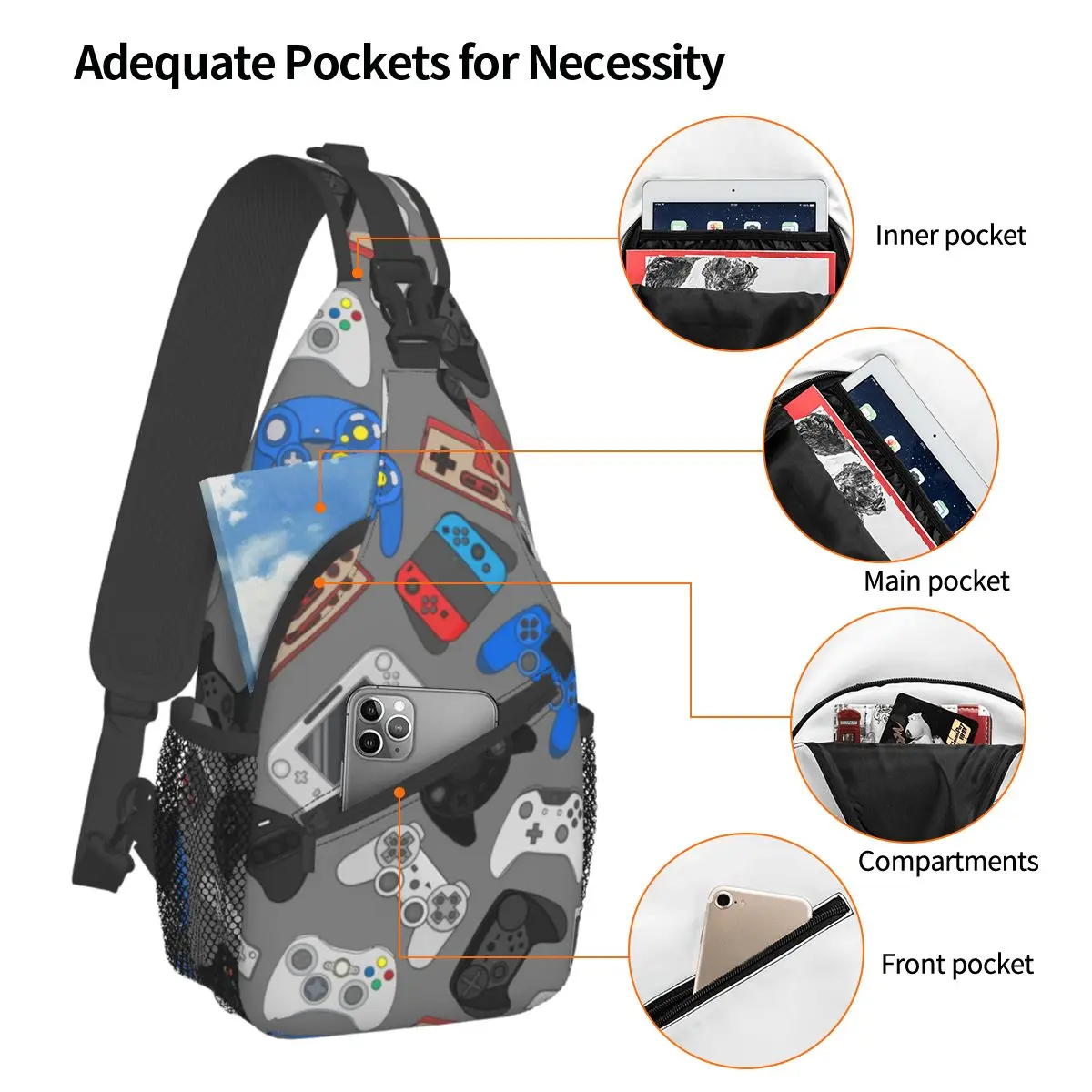 Video Game Controller Sling Bags Chest Crossbody Shoulder Sling Backpack Travel Hiking Daypack Console Gamepad Men Women Bookbag