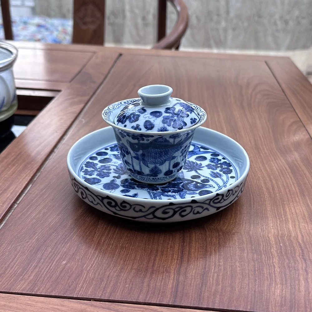 Jingdezhen Handmade Firewood Kiln Blue and White Fish Algae Pattern Gaiwan Tea Cup Pot Tray Two Small Cover Bowl Kung Fu Rock