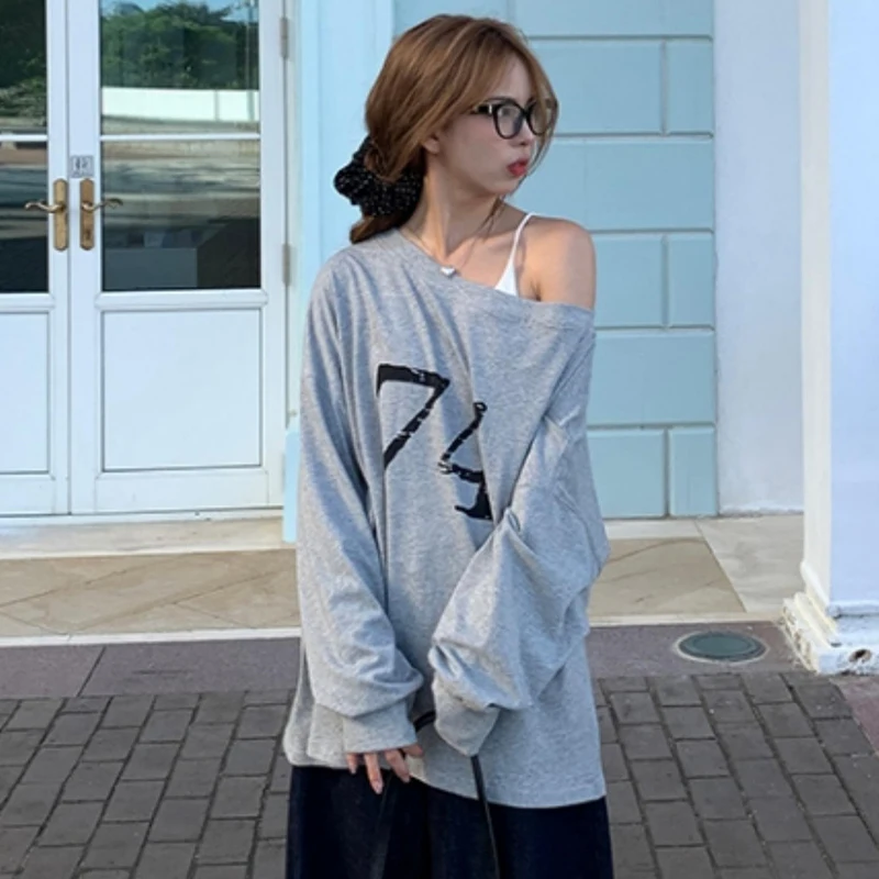 Women's Fashion Off-shoulder Long Sleeve With Print On Front And Back Loose Sports T-shirt