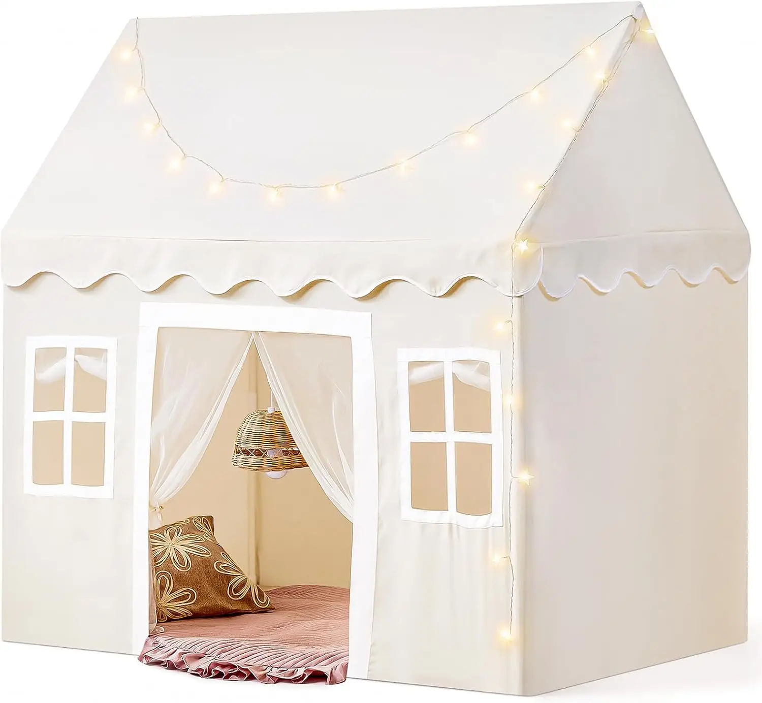

Kids Play Tent with Padded Mat & LED Lights, Indoor Bed Tent for Toddlers, Toys for Ages 3-6, Neutral Color Playroom Furniture