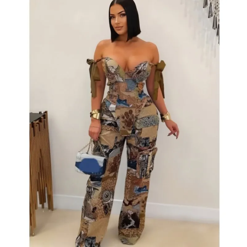 Women Leopard Oil Painting Two-piece Set Summer Temperament Sexy Full Body Printed Pattern Comfortable Casual Club Party Outfits