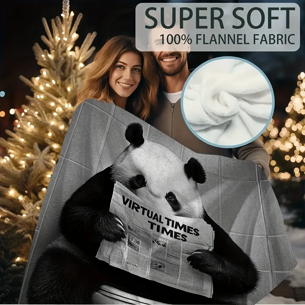 1pc 60x80 Inch Humorous Panda Reading on Toilet Printed Blanket - Black & White Retro Design, Soft Durable Fabric, All-Season