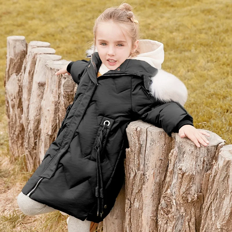 Children Down Jacket for Girls Medium Length White Duck Down Baby Girls Hooded Fur Collar Thickened Warm Jacket 2024 New