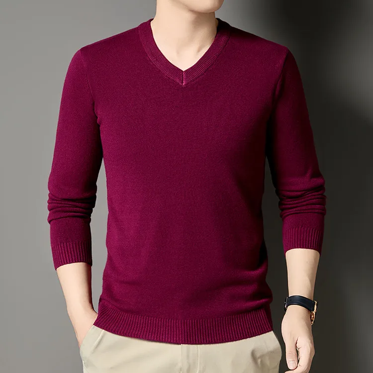 

V-Ne Long Sve Knitted Sweater Elastic Autumn 2025 Men's Faion Comfortable Fit Daily Wear Blend of Rayon Polyester Spandex