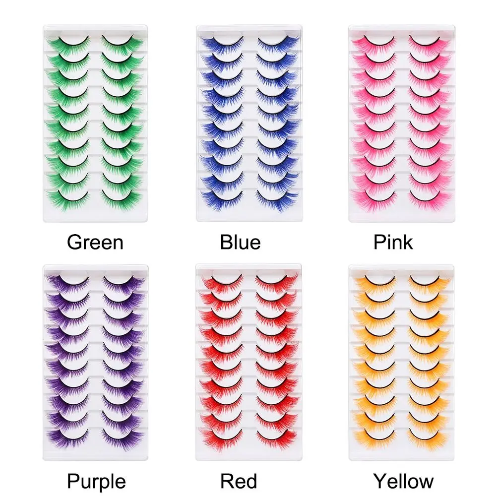 10 Pairs Dramatic Look Colored Lashes Soft Fluffy Colorful Cat Eye Eyelashes Red Green Pink Blue Yellow False Eyelashes