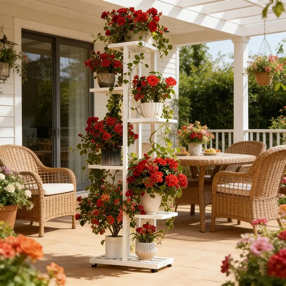 

6Tier Vintage Iron Flower Stand Ladder Style MultiLayer Plant Shelf, Space Saving Indoor Outdoor Garden Planter Rack For Patio,