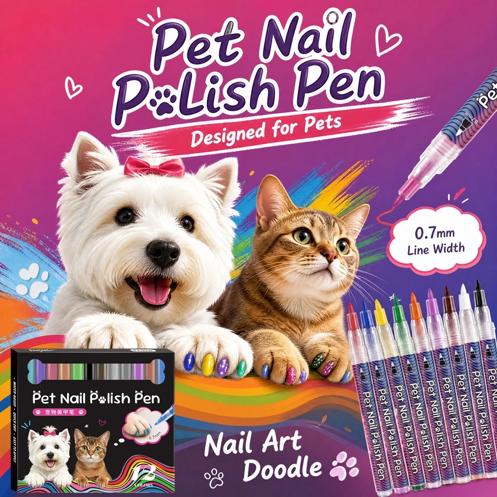12 Colors Pet Nail Art Pen Set, Dog & Cat Paw Markers, 0.7mm Fine Tip, Easy Coloring, Pet Grooming DIY & Photo Decor