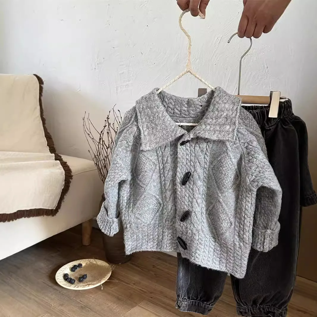 

children boys girls autumn cardigan sweater knitted solid turndown collar kids boys overcoat loose casual toddler girls jumpers