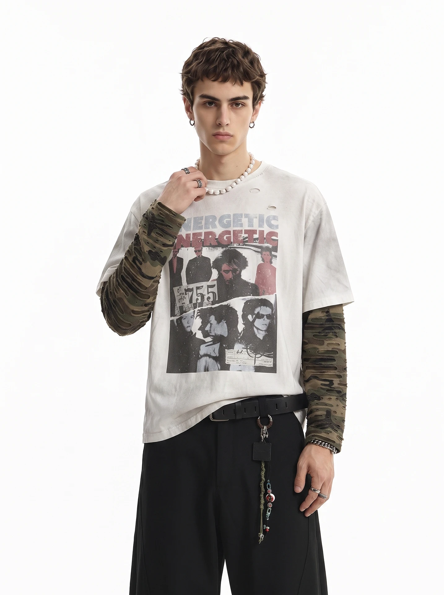 American High Street Vintage Men's Long Sleeve T-Shirt with Print And Ripped Design Loose Fit Casual Top for Youth