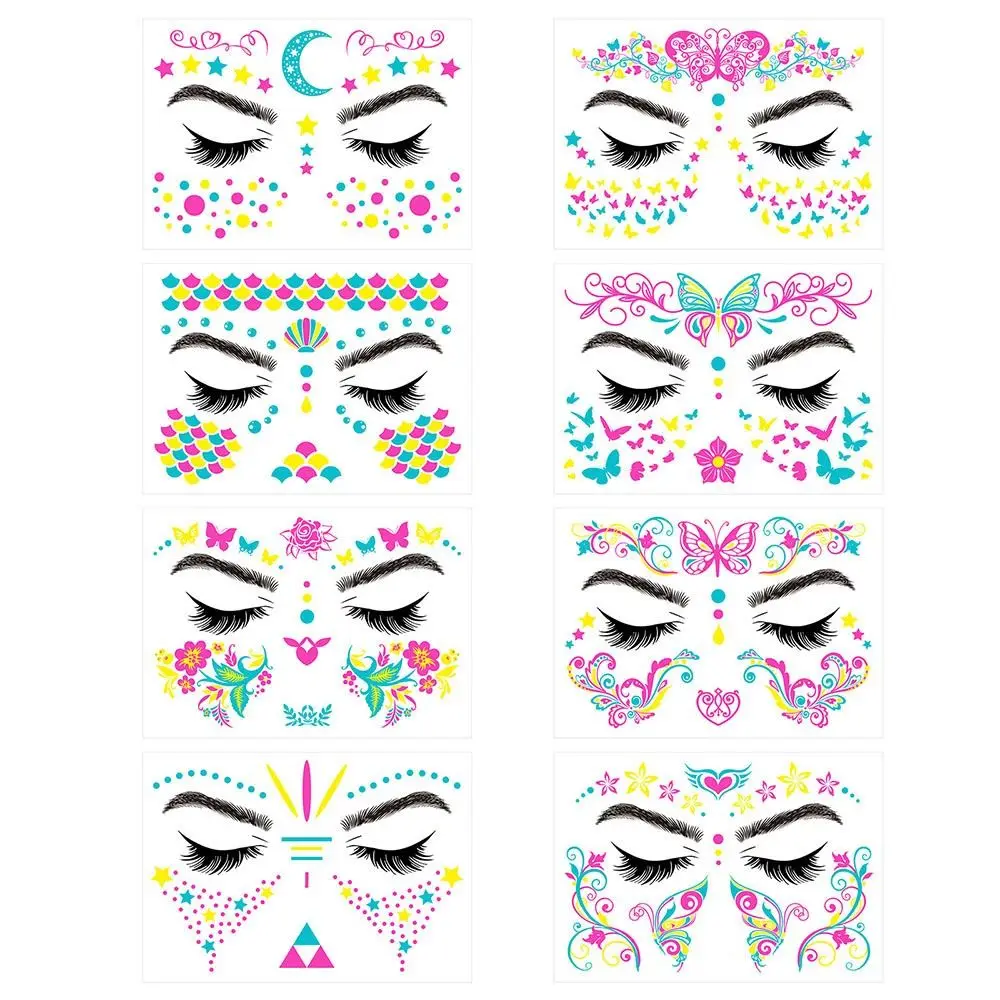 

2023 New Masquerade Fluorescent Face Stickers Waterproof Music Festival Glow Tattoo Stickers Face Body Paint