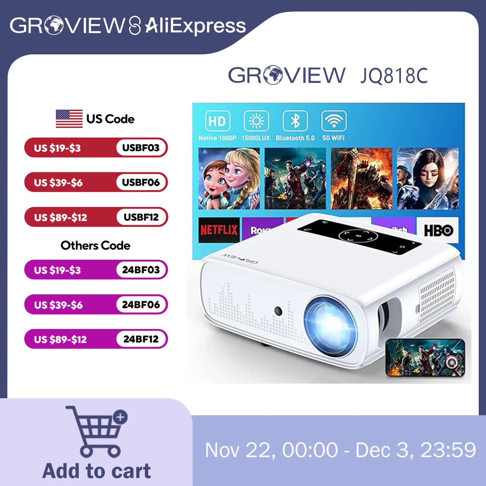 GROVIEW 1080P Projector, 15000 Lux, 490 ANSI, WiFi/Bluetooth, 300'' Screen, 4K Support, Zoom, 5G Sync, HDMI/USB/AV/Smartphone