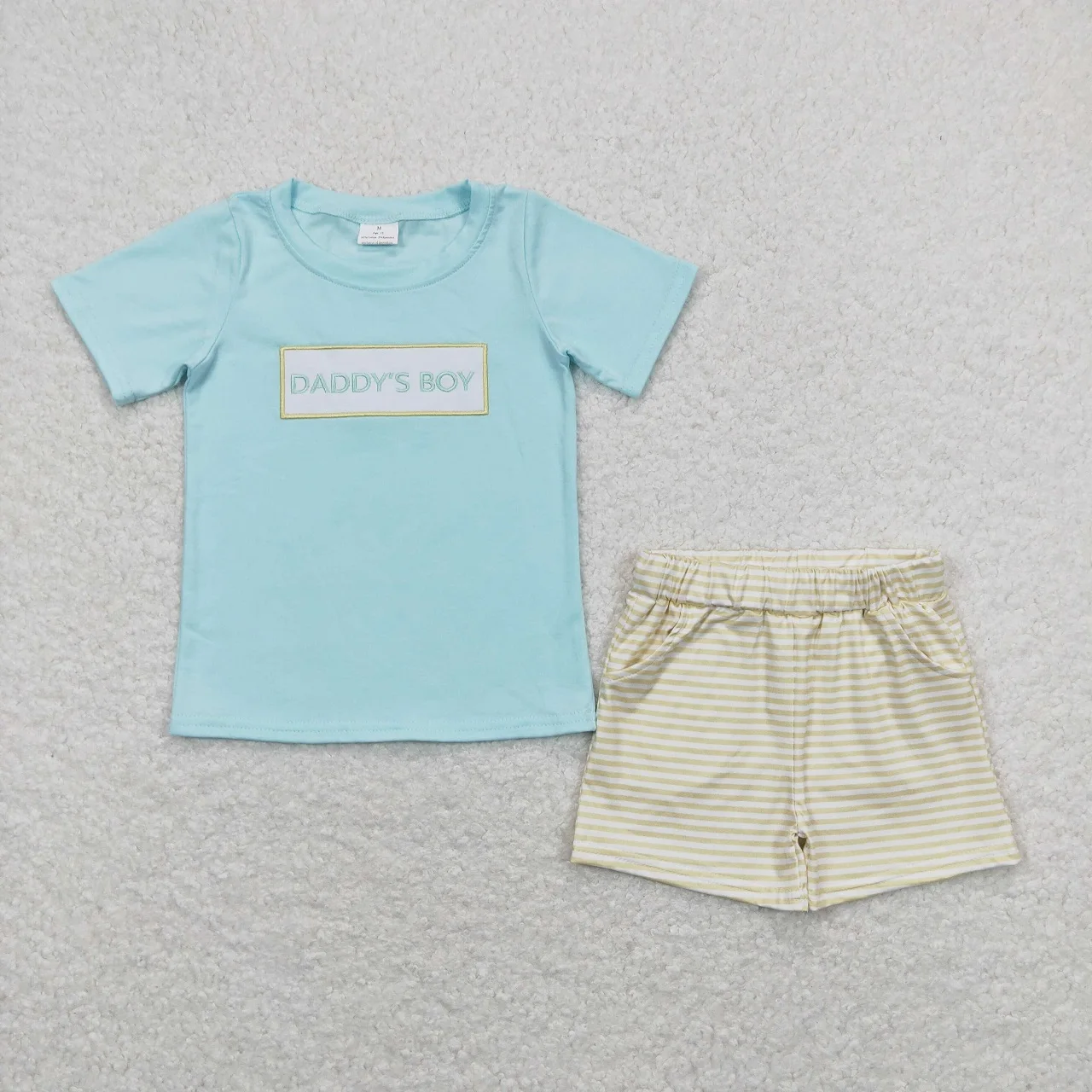 

Wholesale Children Embroidery Summer Sets Toddler Short Sleeves Cotton Daddy's Boy T-shirts Kids Stripes Pocket Shorts Outfit