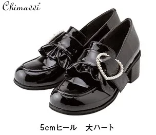 Japanese Style Students Round Toe Shoes Wooden Ear Pearl Heart Patent Leather Lolita Women\'s Black Pump Shoes Female Girls Heels