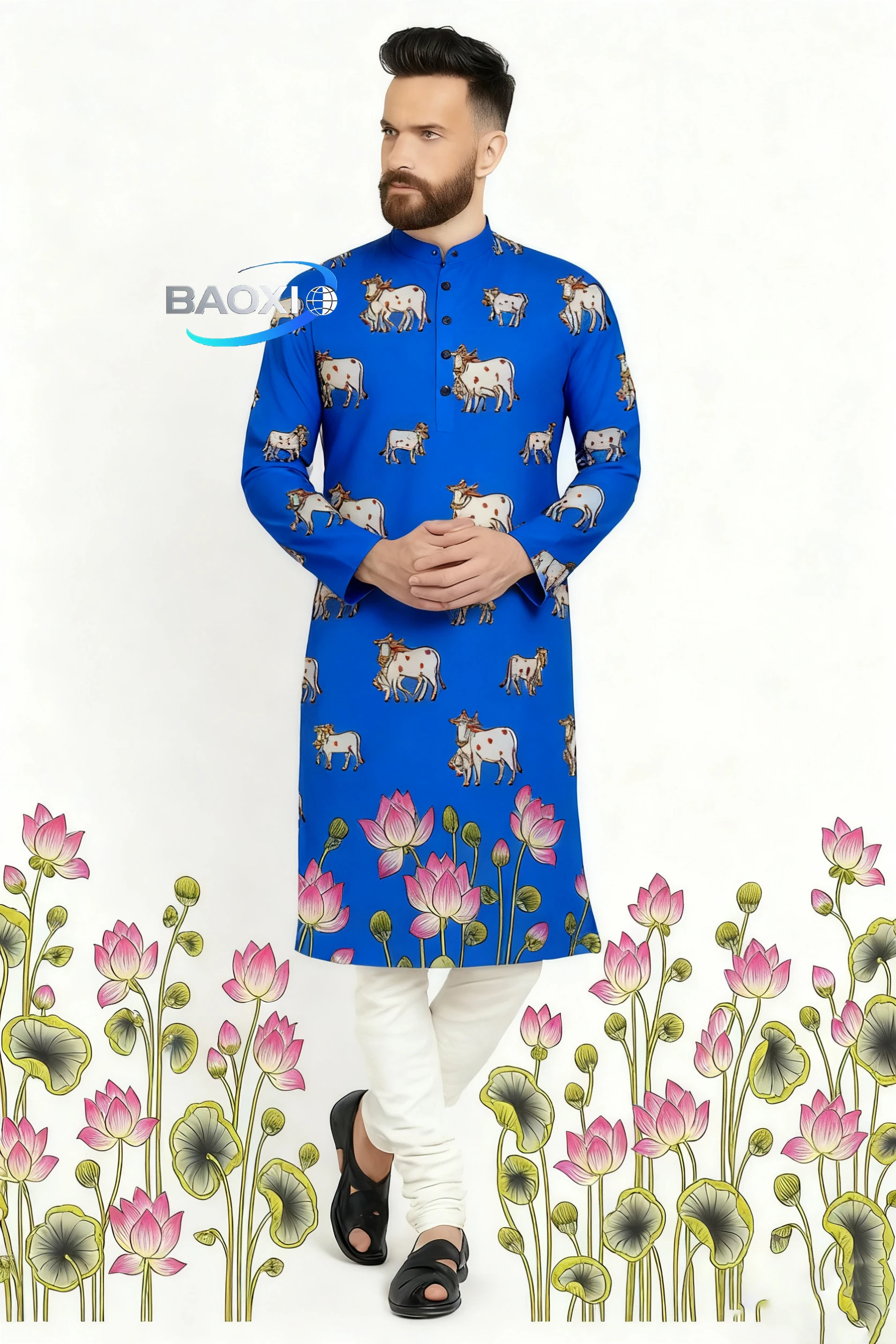Kurt men digital printed kurta vardha regular fit Mandarin collar long suitable All Occasions such wedding Hari Raya Aidilfitri