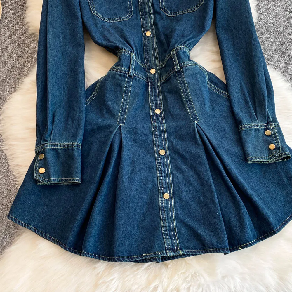 TWOTWINSTYLE Solid Casual Denim Dresses For Women Lapel Long Sleeve Patchwork Pockets Slimming Dress Female Fashion KDR522372