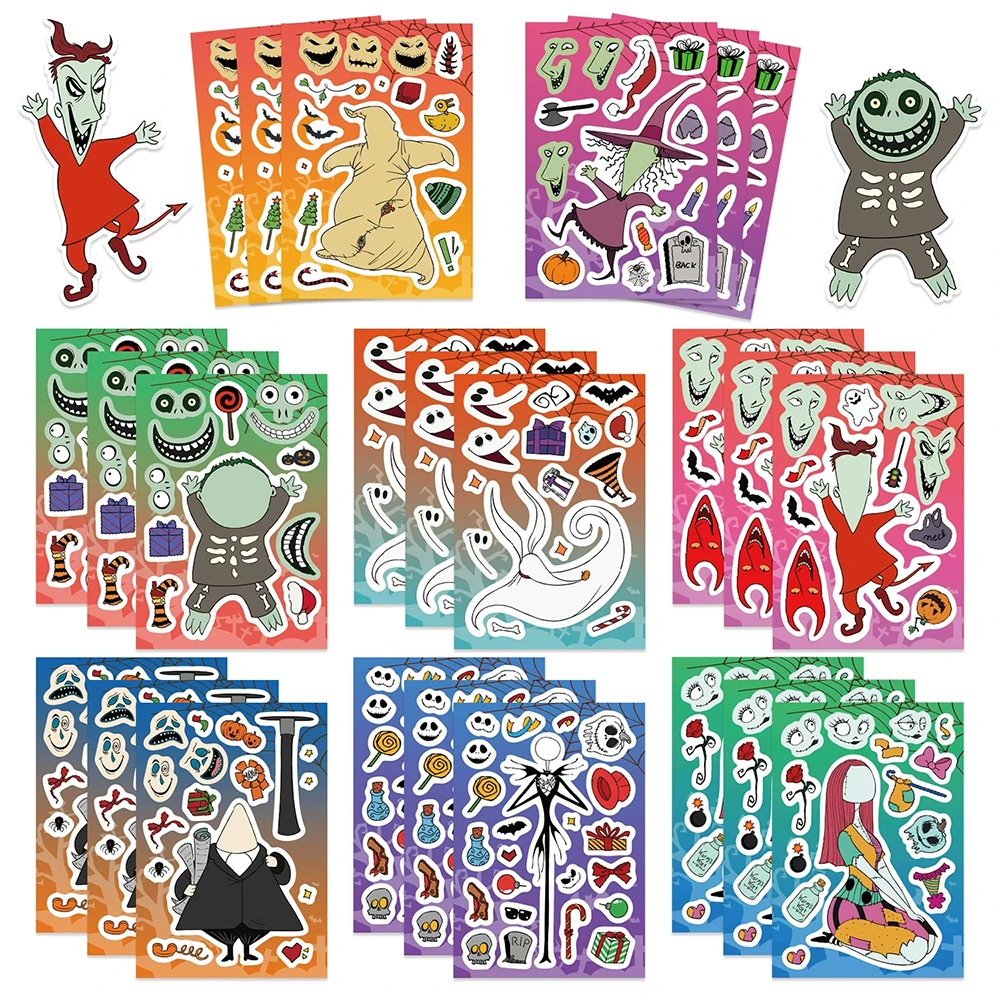 

8/16Sheets Anime The Nightmare Before Christmas Cartoon Puzzle Stickers Make a Face Toys Assemble Jigsaw Kids Girls Party Game