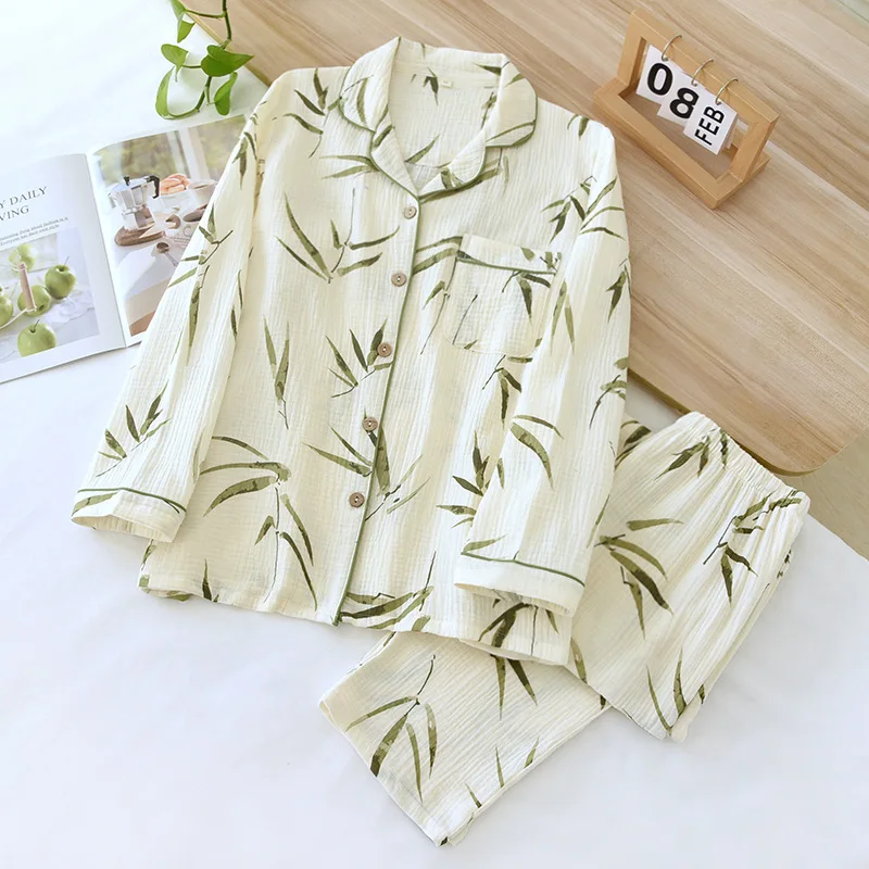 New Spring and Autumn Women\'s Pajama Set 2024 100% Cotton Crepe Long sleeved Pants Two piece Home Fury Cute and Comfortable