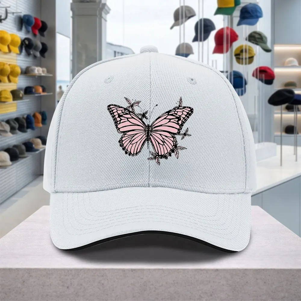 Pink Butterfly Print Baseball Cap Adjustable Sandwich Cap for Weddings Parties Music Festivals Outdoor