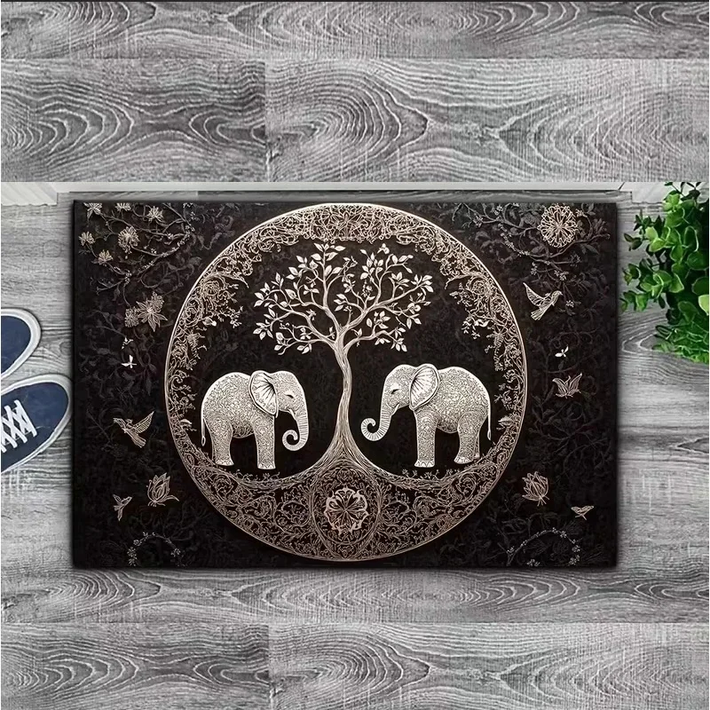 VIKAMA Nordic Golden Life Tree Pattern Non-slip Doormat Luxury Dark Green Background Water Absorbent Entrance Home Decor Rug
