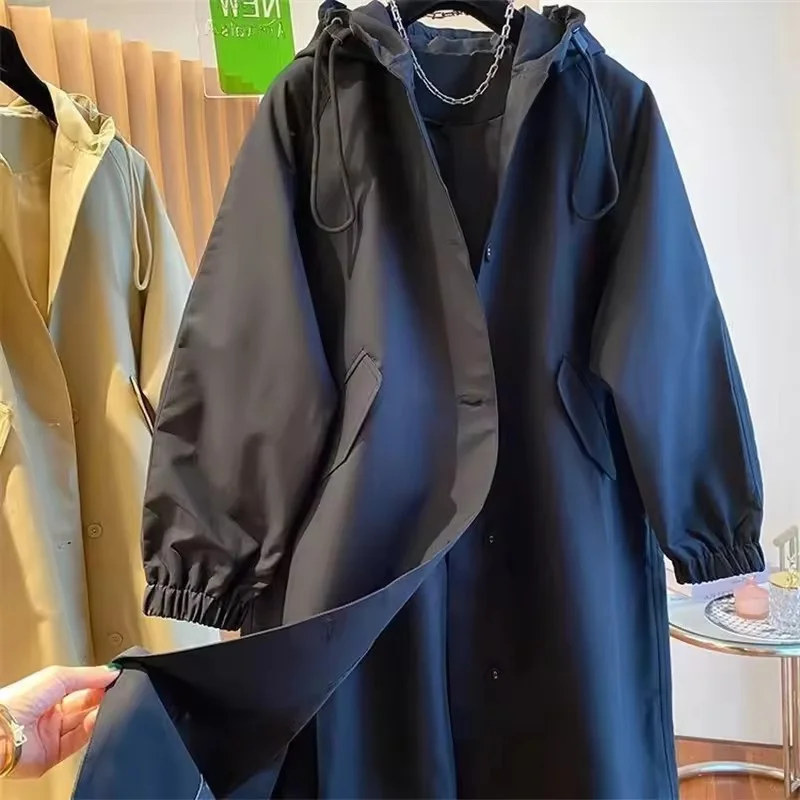 Spring Autumn Vintage Long Trench Coat Casual Windbreak Jacket Women Hood Drawstring Jacket Oversized Windbreaker JJ131