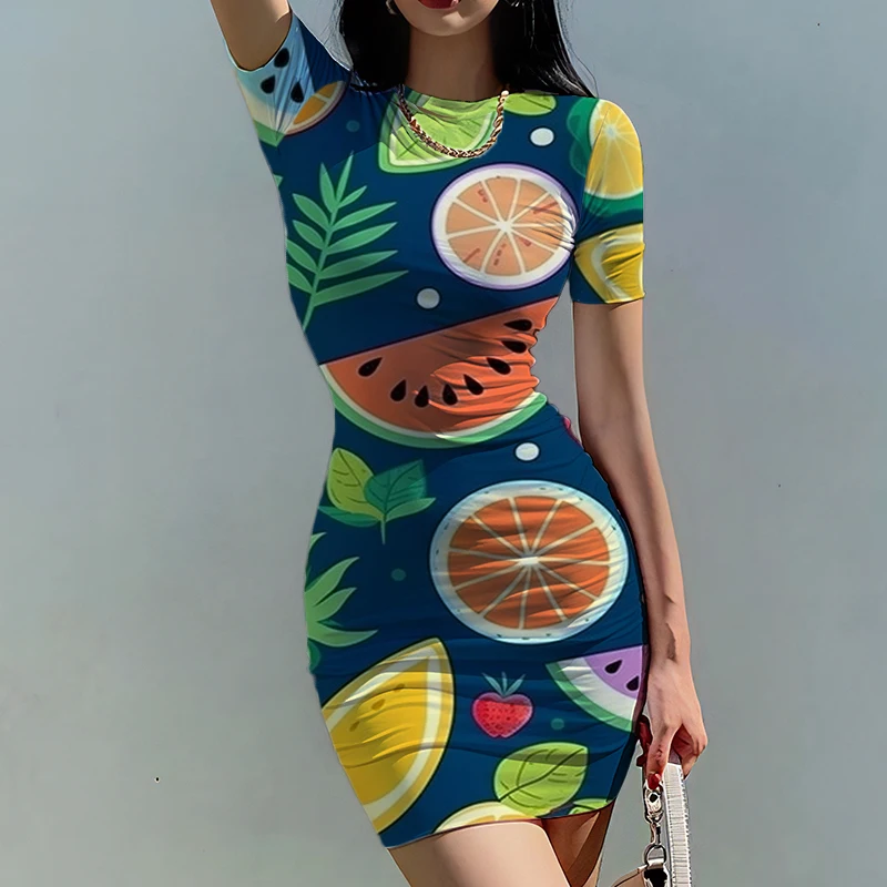 Summer new ladies slim dress many fruits 3D printed ladies dresses fun style ladies slim dress fashion trend women's slim dress