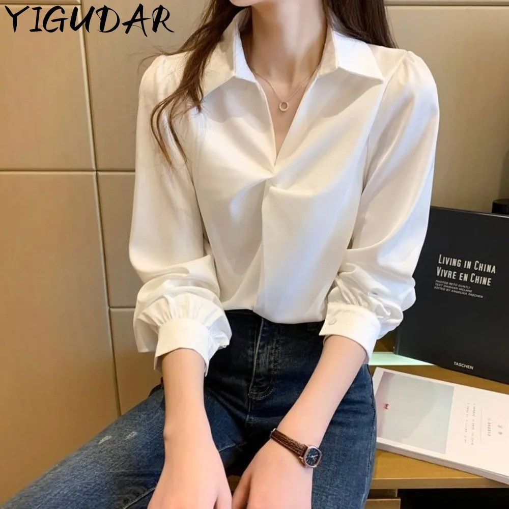 Satin Silk Blouse Women Vintage Top Elegant Twist Wrap Front Design Shirt Office Lady Long Puff Sleeve Sexy Fashion Blouse New