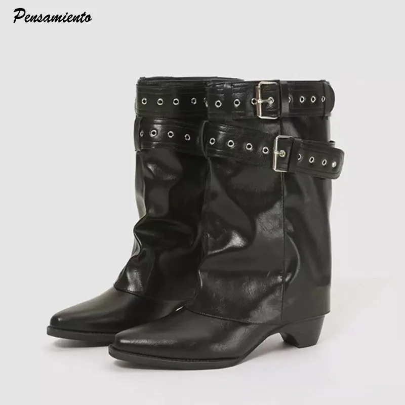 

Autumn Winter Patent Leather Rivet Strap Buckle Women Mid-calf Boots Street Style High heels Punk Western Boots Shoes Botas
