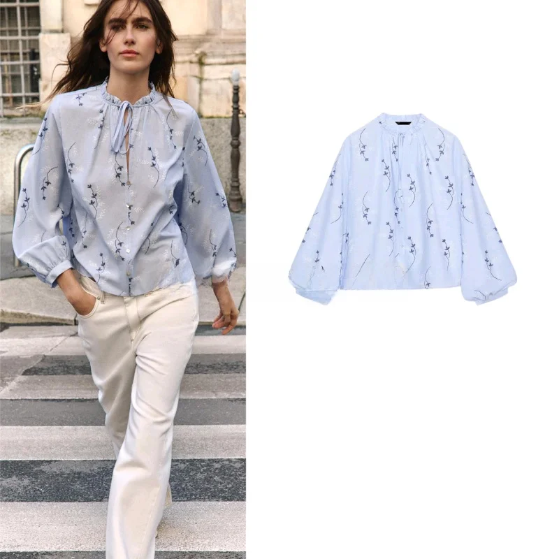 

Spring New Women's irt Knot Long Sve round Ne Pred Glue Embroidery Print Casual Loose Polyester Fiber