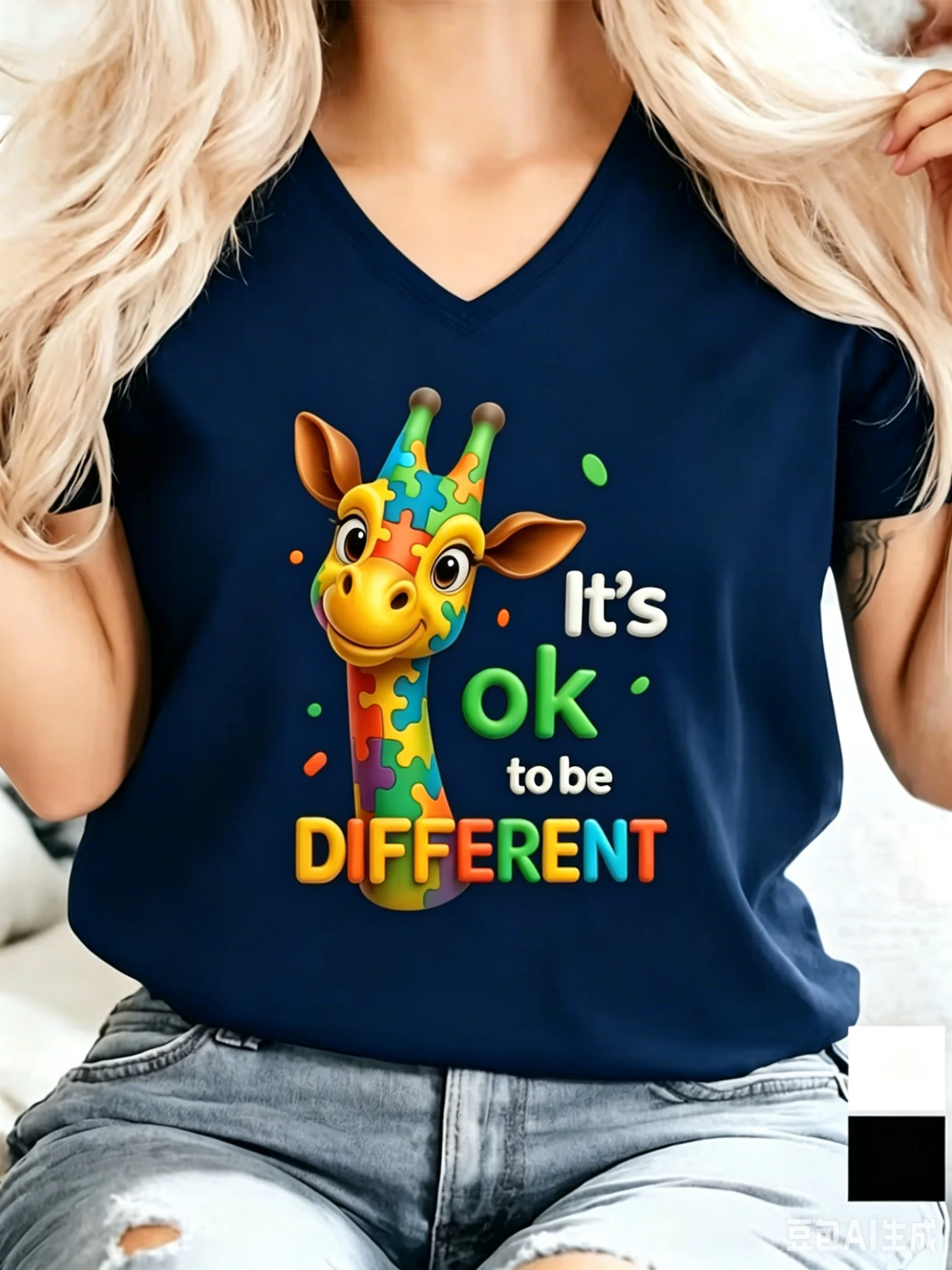 Fashion Colorful Jigsaw Giraffe 3D print women's T-shirt for summer comfort V-neck short sleeved daily casual y2k women's top