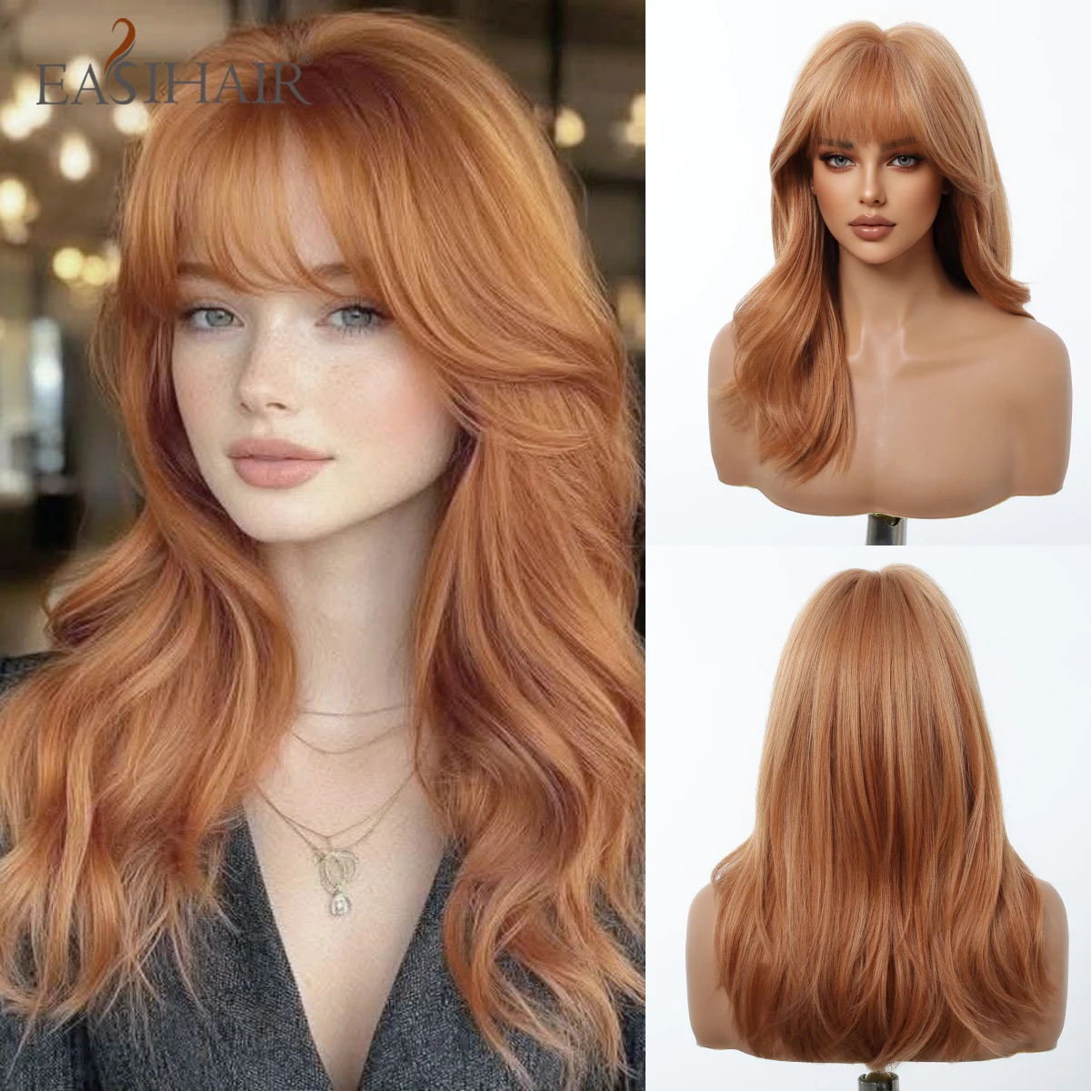 

EASIHAIR Medium Length Orange Synthetic Wigs for Women Natural Wavy Wigs With Bangs Heat Resistant Fiber Wigs for Daily Cosplay