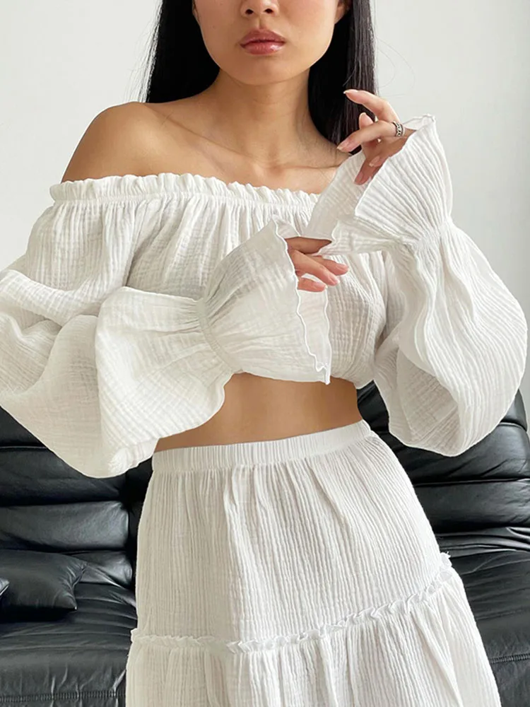 TARUXY Cotton Dress Sets Women Summer Long Sleeve Crop Top Loose Mini Skirt Suits Casual Two Piece Set Womens Outifits