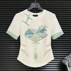 Summer New Retro Embroidered Button Short Sleeve T-shirts Women's Chinese Style Chic Printed Ruched Tassel Loose Round Neck Tops