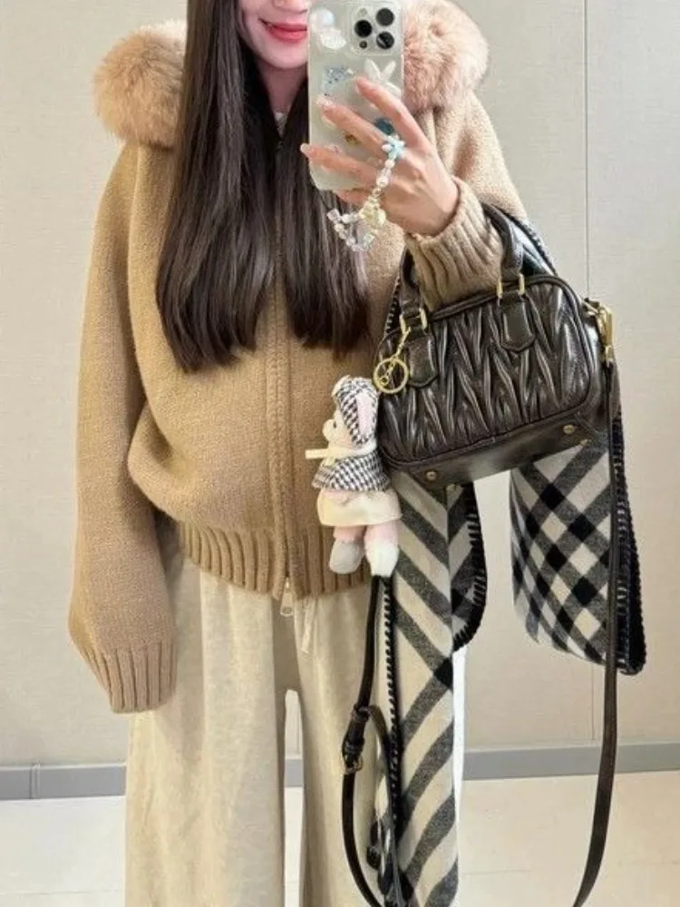 

Осень-зима, корейская мода, элегантный вязаный кардиган с меховым воротником, женское повседневное свободное винтажное пальто Y2k, модная куртка в стиле Харадзюку, новинка