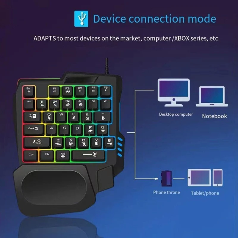 RGB-Gaming-Tastatur, einhändig, Mini-USB, ultradünn, kabelgebunden, 35 Tasten, OneHandedly-Tastatur mit Hintergrundbeleuchtung für Computer, PC, Laptop