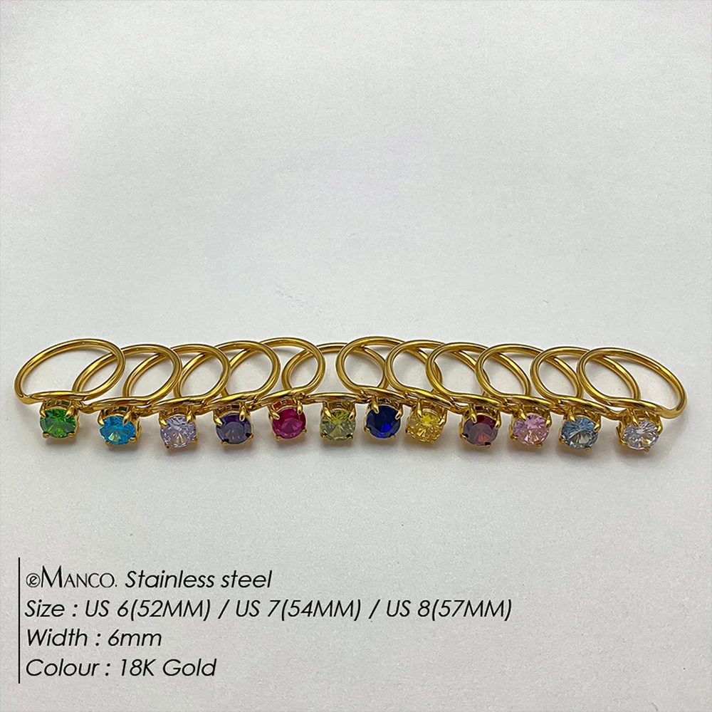 eManco Fashion Bling Colorful Cubic Zirconia Thin Women\'s Ring Waterproof Stainless Steel Trendy Exquisite Finger Jewelry