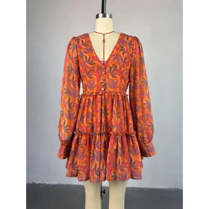 

Женское плиссированное мини-платье с v-образным вырезом и длинными рукавами, милое элегантное платье с цветочным принтом, сексуальные платья для дня рождения, пляжной вечеринки, Vestidos