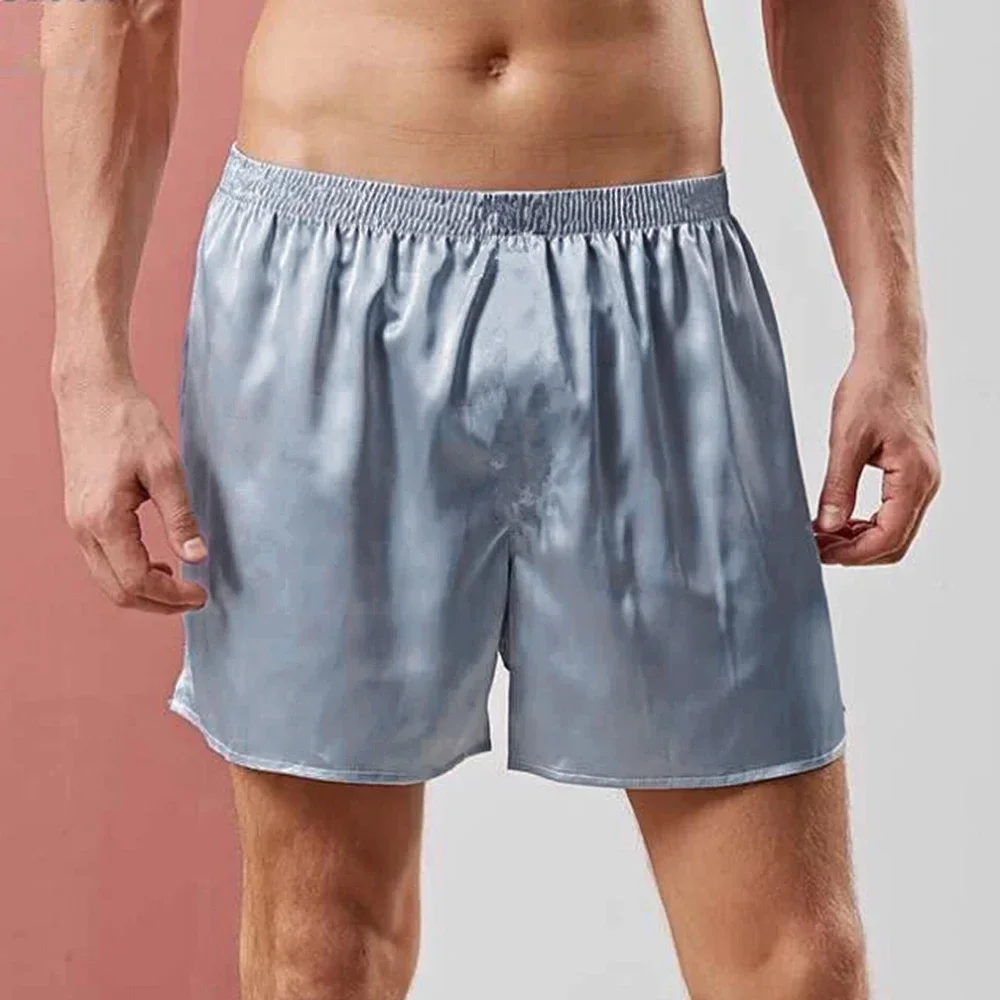 Pijamas de cetim tipo seda para casa masculina, cor sólida, shorts masculinos, calças de dormir, pijamas curtos, calças de dormir