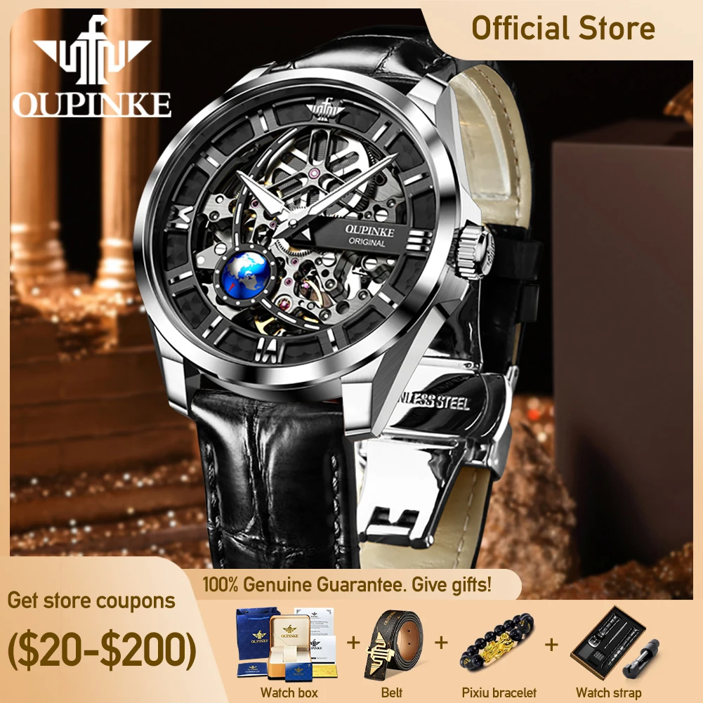 

OUPINKE 3268 Mens Watch Top Luxury High Quality Automatic Mechanical Watches For Man 3D Vision Rotationg Second Dial Wristwatch