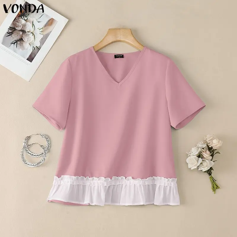 

Women Blouses Summer Short Sleeve Ruffles Patchwork Tops VONDA Fashion V Neck OL Work Tee Streetwear Blusas Oversize Blouse