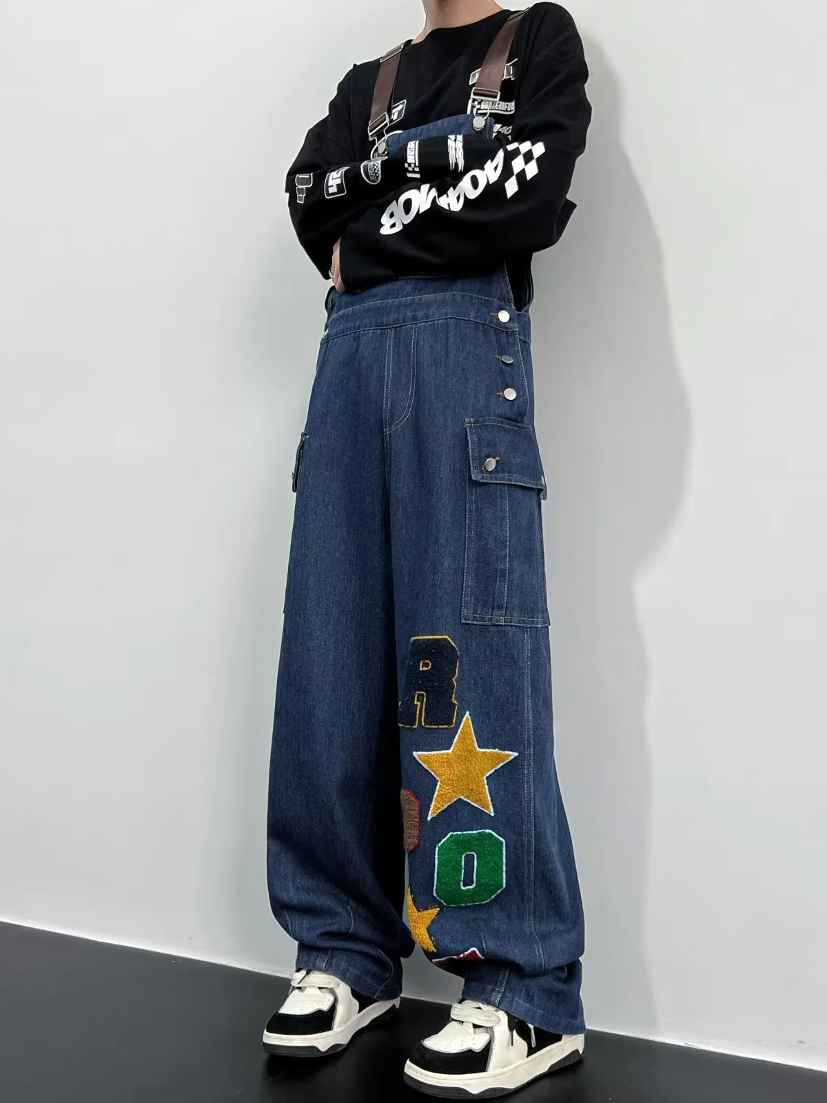 Letter Embroidered Denim Strap Pants With Button Design For Neutral Style Loose  Versatile Belt High Waisted Pants