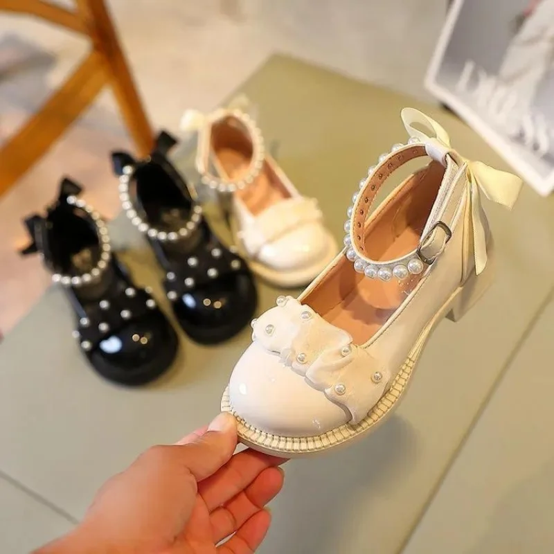 Designer Beaded Princess Dress Party Children's Flat Heels Kids School Leather Shoes for Girls Mary Jane Shoes Child Bow12 Year