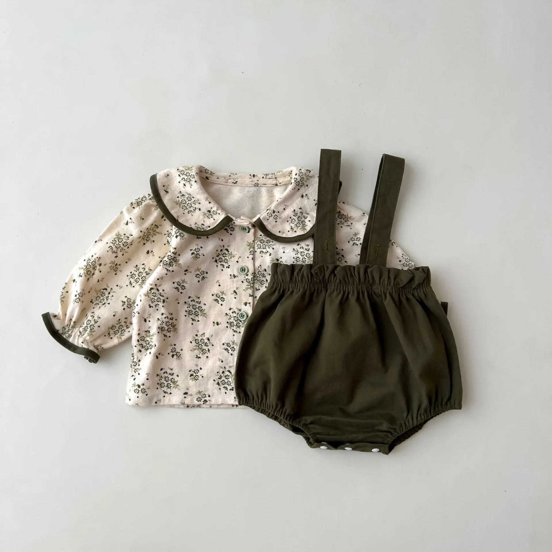 Bardibess autumn new baby girls clothes set floral blouse and strap shorts korean green clothes set for infant newborns