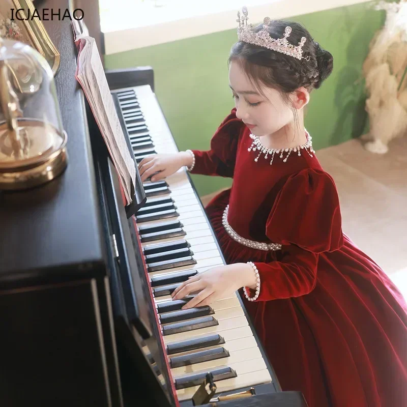 

2025 New Children's Dress Girls Princess Red Dress High-End New Year Birthday Host Piano Dress Spring Costumes Clothes Vestidos